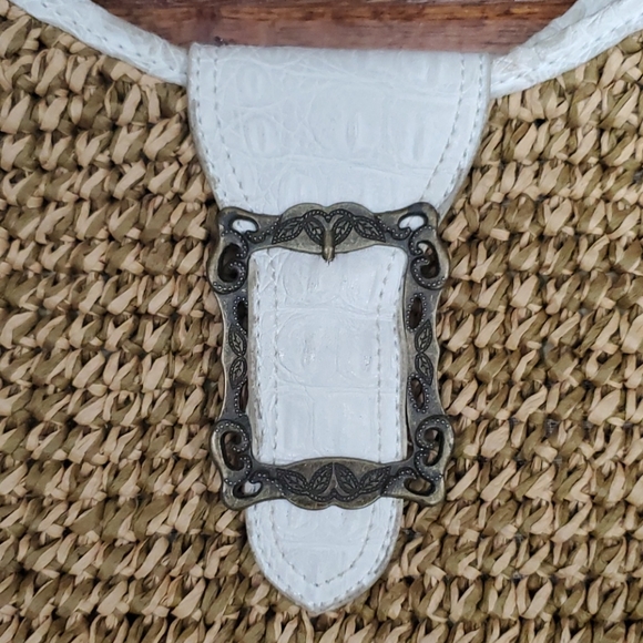 White Faux Leather & Straw Boho Shoulder Bag - Picture 3 of 15